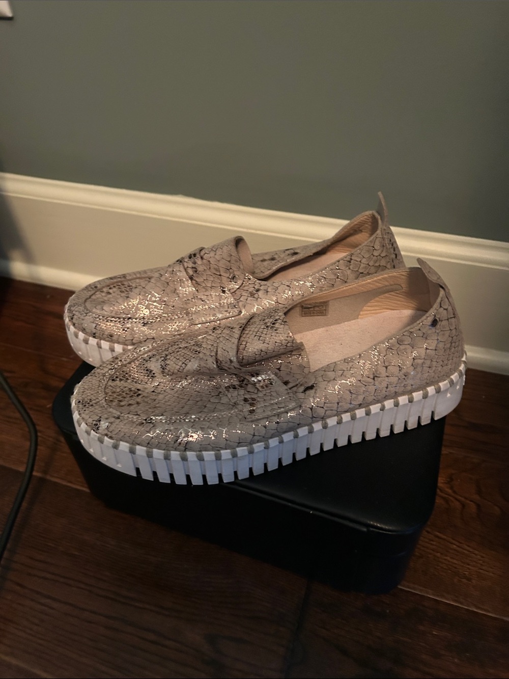 Metallic Taupe Snake-Print Slip-On Loafers with White Platform Sole